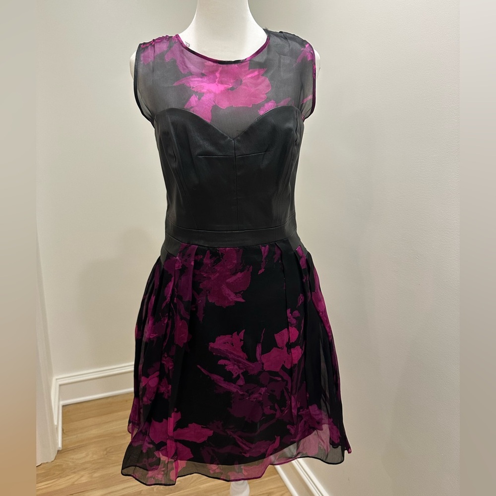 Milly purple and black floral knee length dress with a leather bodice size 8